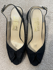 Salvatore Ferragamo Vintage Black Satin Peep Toe Slingback Heels Bow Accent 9.5