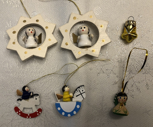 Vintage Miniature Wooden Hand Painted Angel Ornaments and 1 Star - Lot of 6