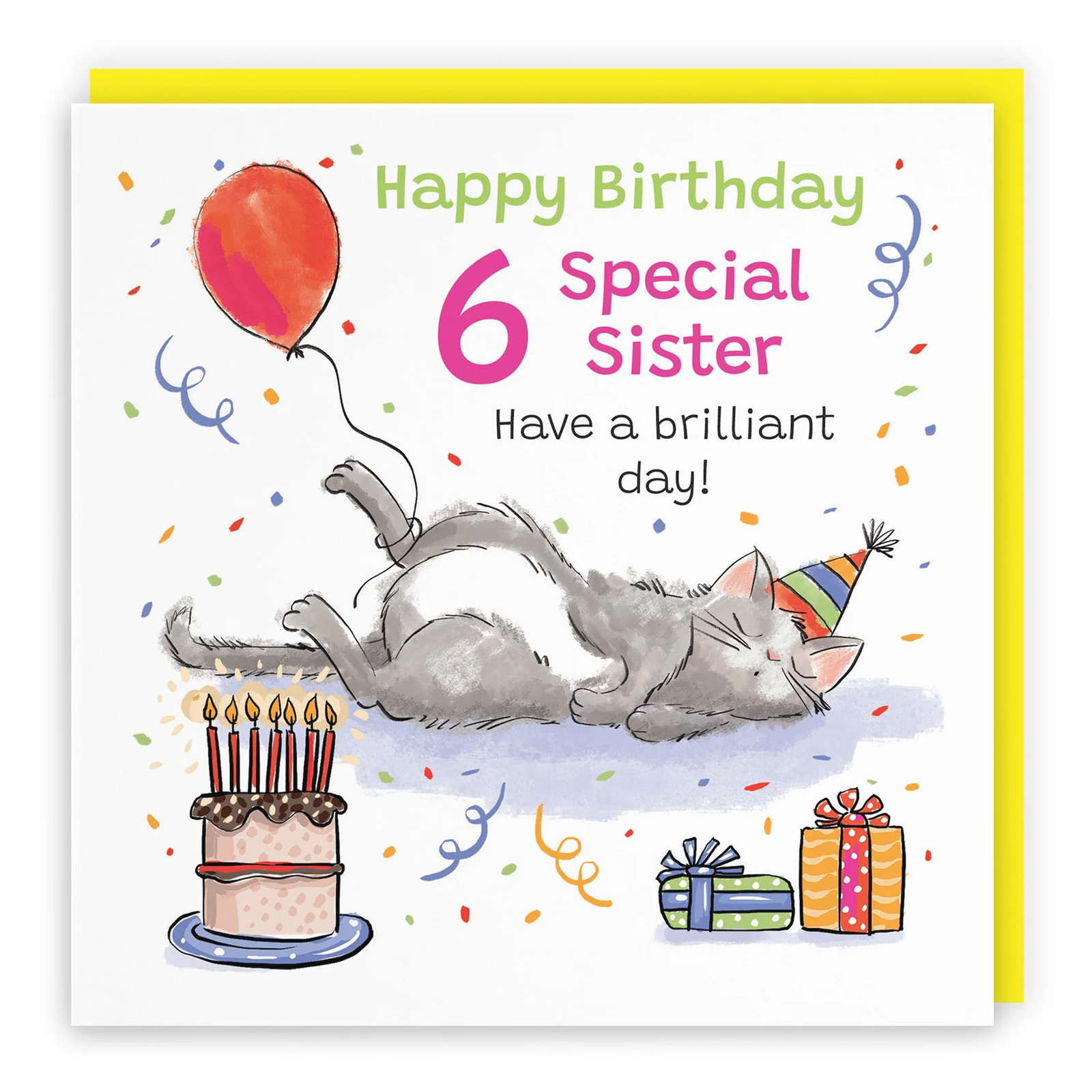 6th Sister Birthday Card Sleepy Cat Animal Party
