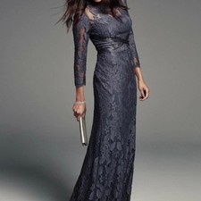 NEW $349 Adrianna Papell Illusion Yoke Lace Gown in Gunmetal