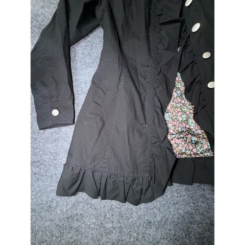 Women's Black Ruffle Trench Rain Jacket Floral Lined Size M 0086 - Picture 5 of 12