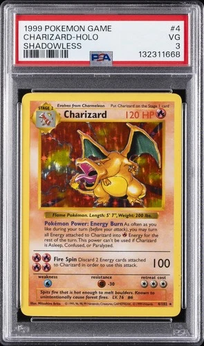 1999 POKEMON GAME SHADOWLESS #4 CHARIZARD-HOLO PSA 3