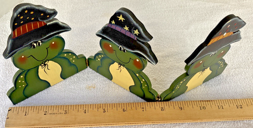 Halloween Decor Frog Trio Fence Hand Painted Wood Table Shelf Whimsical Unique. - Picture 18 of 19