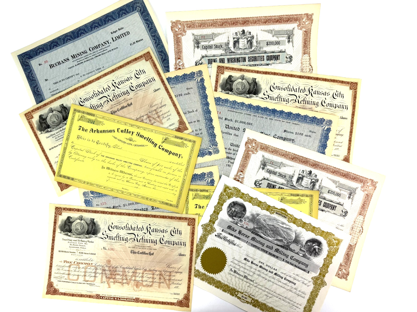 Lot 12 Vintage Stock Certificate Mining Metal Milling Smelting Refining 1890's
