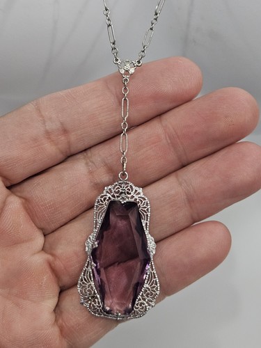 Antique Art Deco Amethyst Glass Faux Pearl Filigree Rhodium Plated Necklace 23"