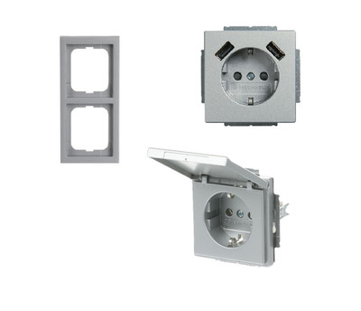 BUSCH-JAEGER future linear aluminium silber NEU Steckdose USB Klappdeckel Rahmen