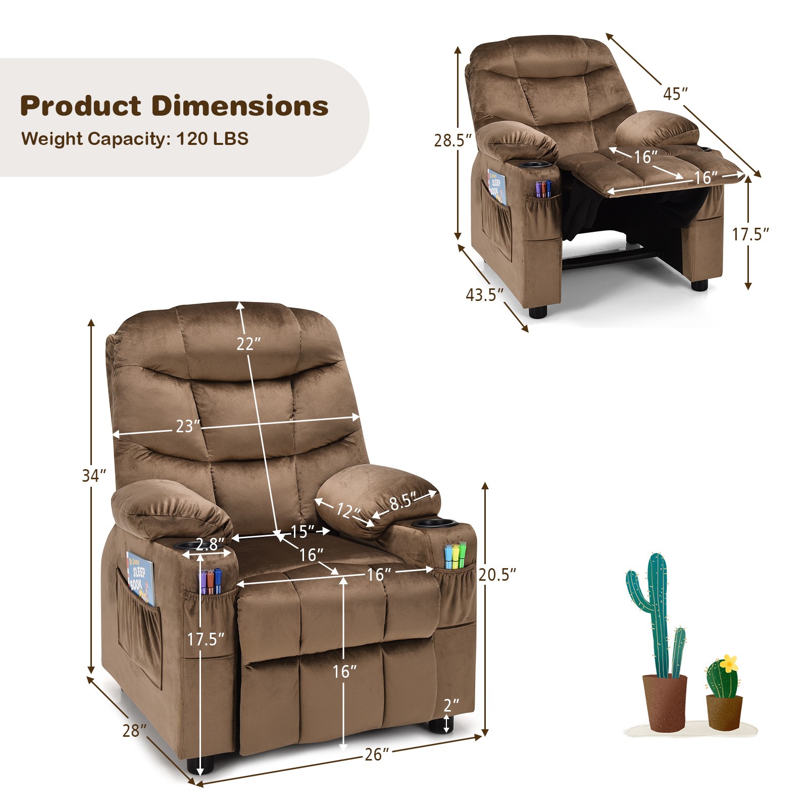Honeyjoy Kids Youth Recliner Chair Velvet Fabric Armrest Sofa w/Cup Holder Brown