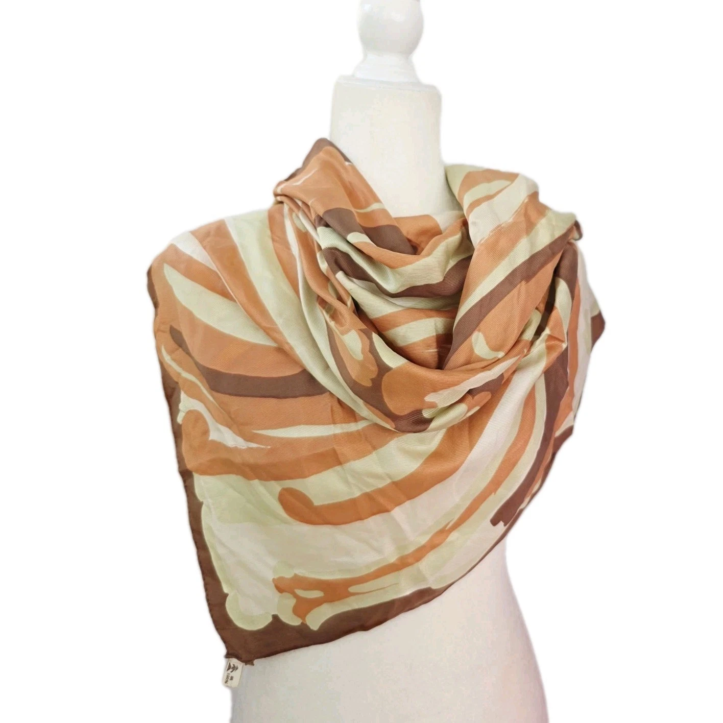 Kura Shiki Vintage 100% Silk Tan Beige Square Scarf Abstract Art Oldmoney