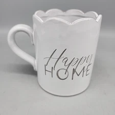 Mud Pie 2022 Coffee Tea Mug Cup Happy Home Scallop Top White Gray Handle