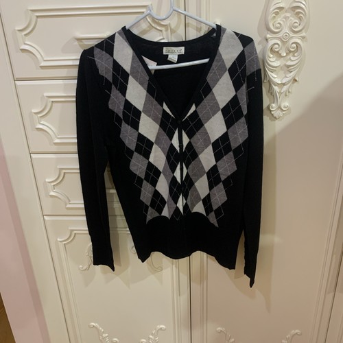Tweeds Women’s Knit Merino Wool Argyle Cardigan V- Neck Sweater Sz. M NWT