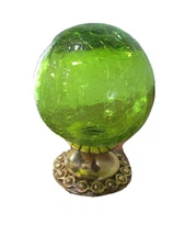 Murano  hand blown Lime Green Crackle glass sphere globe Curtain Rod Finial