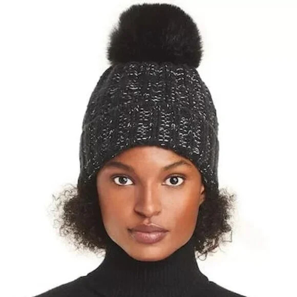 Kyi Kyi Knitted Women's Faux-Fur Pom Pom Beanie Hat, Black, One-Size, $65