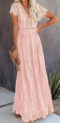 MEROKEETY Women's Pink V Neck Short Sleeve Eyelash Lace Maxi Dress US  L(12-14) | eBay