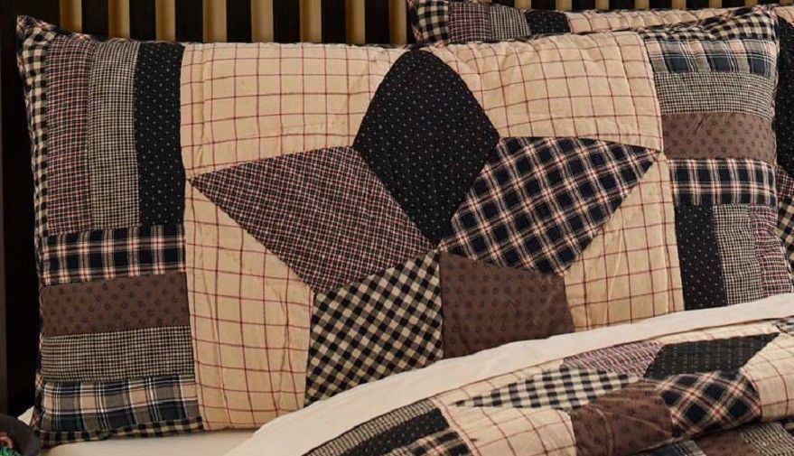 Bingham Star Luxury King Pillow Sham Hand Quilted Patchwork Black Red Cream