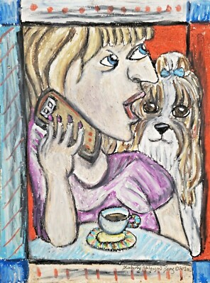 Shih Tzu Woman on Phone Dog Art Print 13x19 Signed by Artist KSams Cubist Cubism