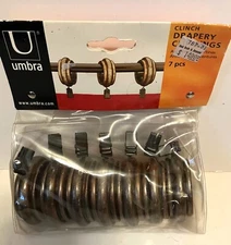 Umbra Clinch Drapery Clip Rings Bold Cast Resin Bronze 1.25" Rod 7 Pcs New