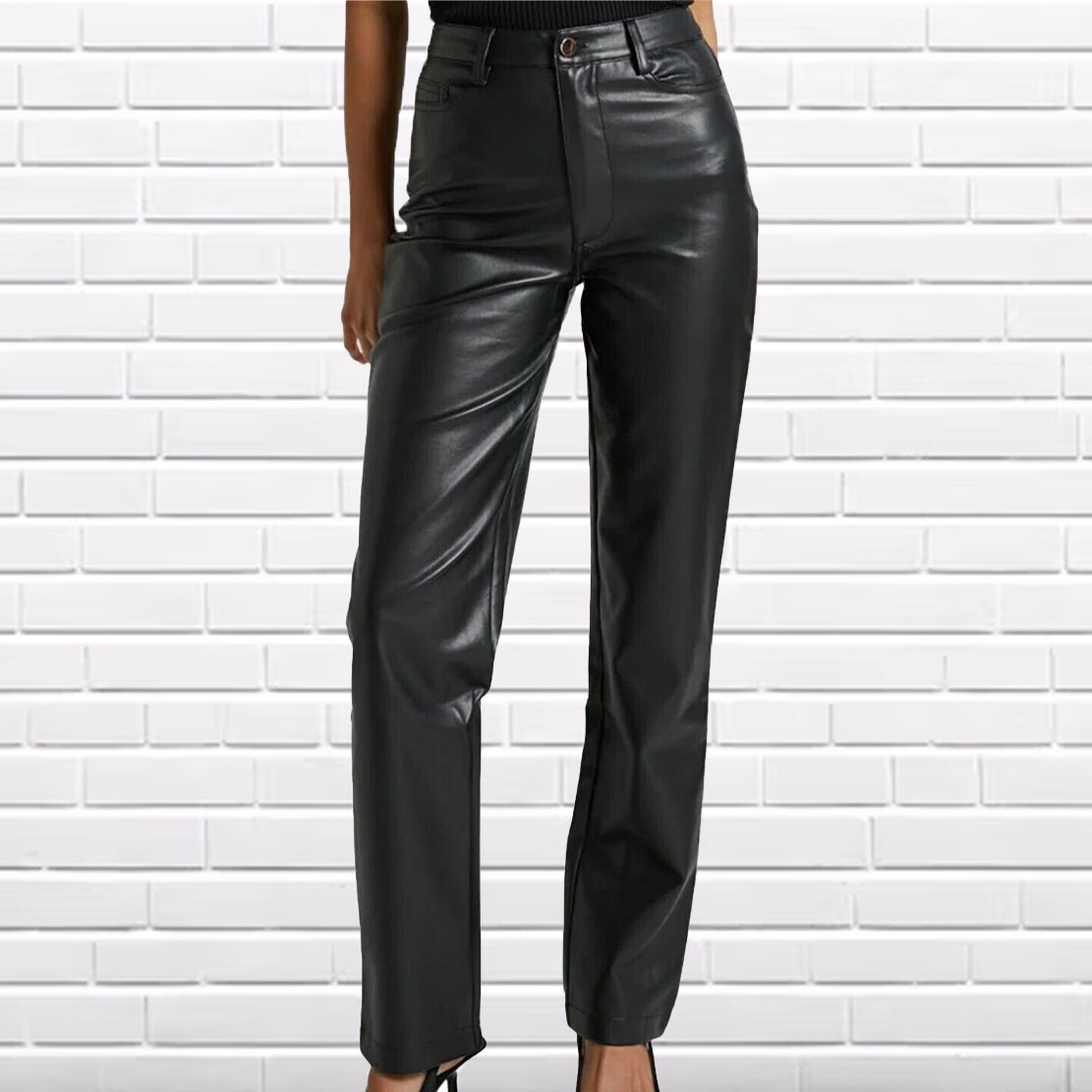 Women Slim Fit Black Sheepskin Leather Designer Pants Stylish Outwear Button Detail