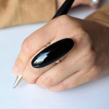 Long Black Onyx Solid 925 Sterling Silver Statement Handmade Ring, All Size M274