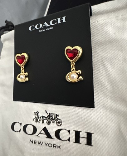 NWT! Coach Red Ruby Heart Shaped Logo Pearl Studs Earrings Valentine’s Day - Picture 2 of 4