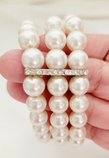 Fashion White Faux Pearls 3 Strand Rhinestone Spacers Stretch Bracelet 7"