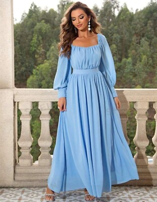 Joyfunear Ruched Bust Square Neck Bishop Sleeve A-Line Formal Dress Large  Blue