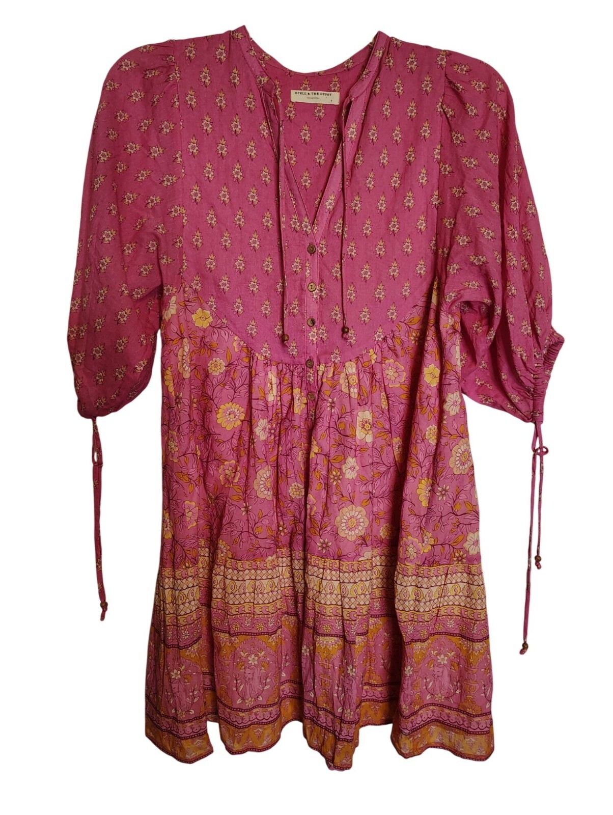 Spell & The Gypsy Pink Floral Boho Button Tunic Top Dress Size Small for Festival