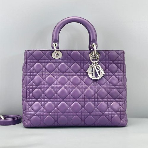Christian Dior Lady Dior Purple Calf Leather Silver Hardware Two Way Bag