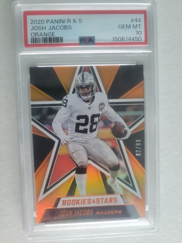 2020 Josh Jacobs /99 Panini Rookie & Stars Orange #44 PSA 10 L.V. Raiders (RC)