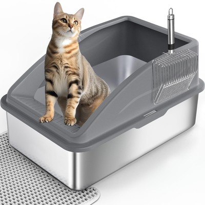 Katzentoilette Edelstahl grau mit abnehmbarem Gehege 31 cm hoch