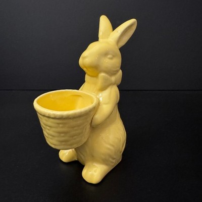 Yellow Ceramic Bunny With Basket - 5.5'' Tall Decorative Figurine For Spring Or E