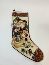 Christmas Stocking Santa Claus Needlepoint Velvet Back Holiday 21"