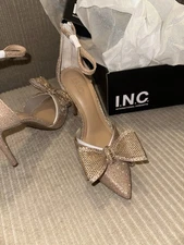 INC KIERSTYN2F Heels 7M Sweet Nude Rose Gold Glitter Bow Ankle Strap NWB