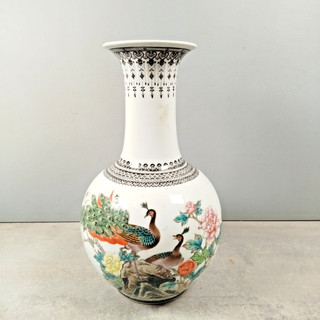 VASE en Porcelaine de Chine OISEAUX Calligraphie PAONS Ceramique Asiatique D33