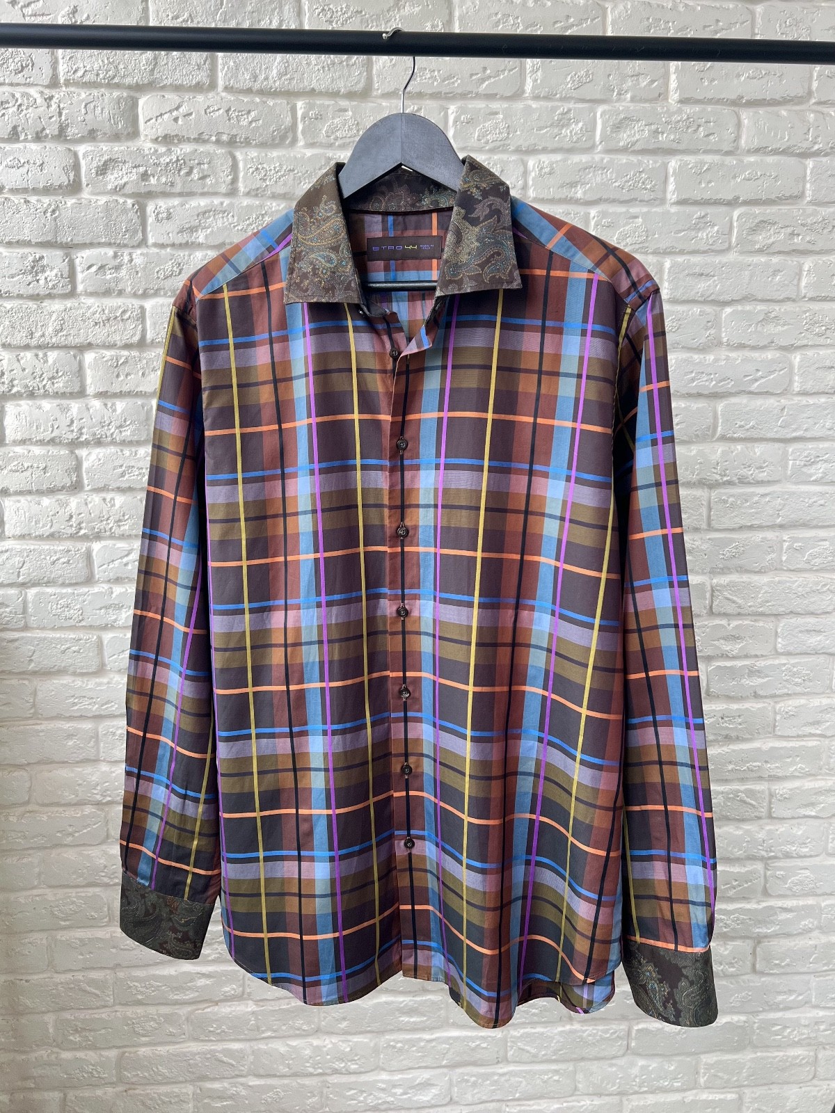 ETRO Milano Checked Multicolor Printed Button Up Shirt Men's Size 44 IT