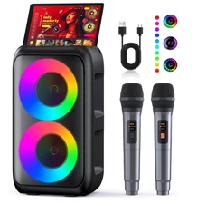 Karaoke Machine with 2 Wireless Karaoke Microphones Portable Bluetooth Speaker..