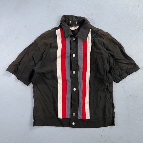 Vintage 50s 60s Striped Rayon Bowling Shirt Size S Red Rockabilly Crop Look