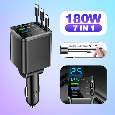 7-in-1 Retractable Car Charger   Features 3 Retractable Type-C Cables, Fast Char
