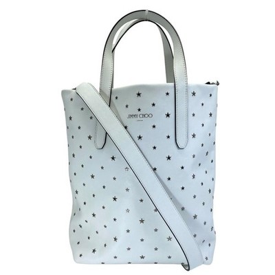 JIMMY CHOO Sofia 2Way Shoulder Handbag Tote Leather White Silver Star Studded