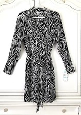 Nine West Black White Patterned Silk Long Sleeve Belted Pullover Dress 16 NWT