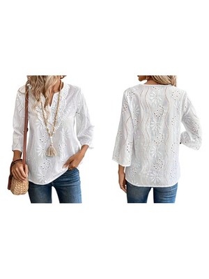 Boho-Blusentop Damen Ösenstickerei 3/4-Ärmel Sommer gekerbter Ausschnitt N8S8