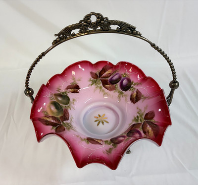 Antique Brides Basket Victorian Rose Pink  Painted Glass W/ Silver Plated Stand