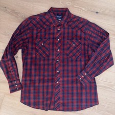 Wrangler Shirt Men XL Blue Red Plaid Pearl Snap Western Cowboy Rockabilly