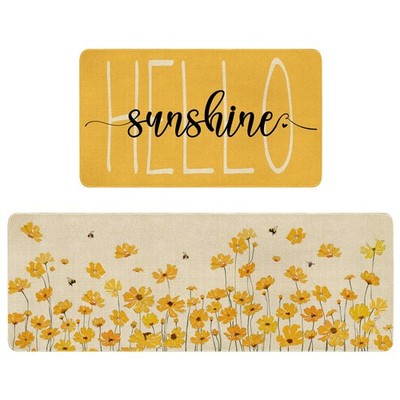 Spring Summer Farmhouse Kitchen Rugs and Mats Set of 2,Yellow Flowers Floral ...