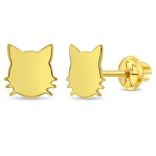 14k Gold Polished Kitty Kids / Children's / Girls Earrings Safety Screw Back