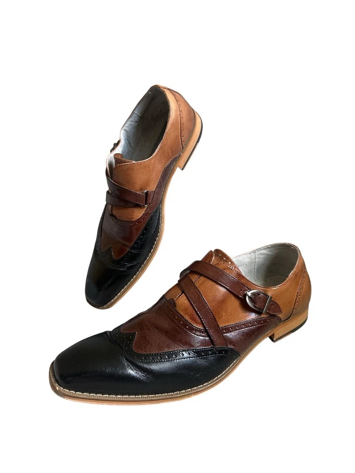 Giovanni Men Brown Black Leather Oxford Dress Shoes Men Sz 11 Monk Strap Wingtip - Image 3 of 4