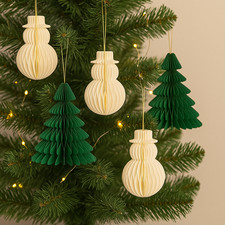 6 x Hanging Christmas Trees 3D Decorations 3 Snowman 3 Tree Honeycomb Paper 10cm
