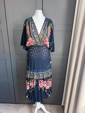 Farm Rio navy blue pink floral wiggle cut out back midi summer dress S 8