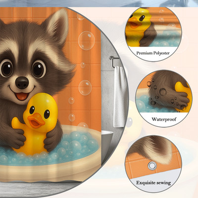 Cute Raccoon Shower Curtain with Duck, Kids Bathroom Decor