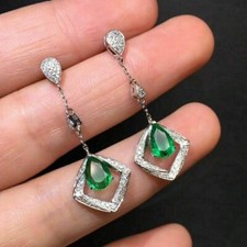 925 Silver 14k White Gold Over 2.90 CT Emerald CZ Long Drop Dangle Fine Earrings