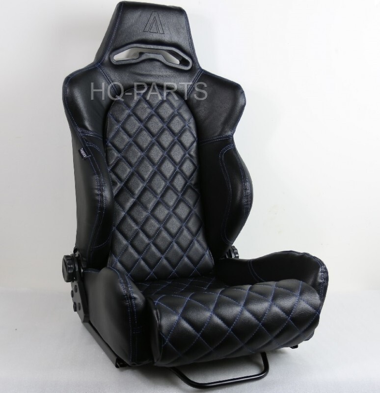 2 TANAKA BLACK PVC LEATHER RACING SEAT RECLINE BLUE DIAMOND STITCH